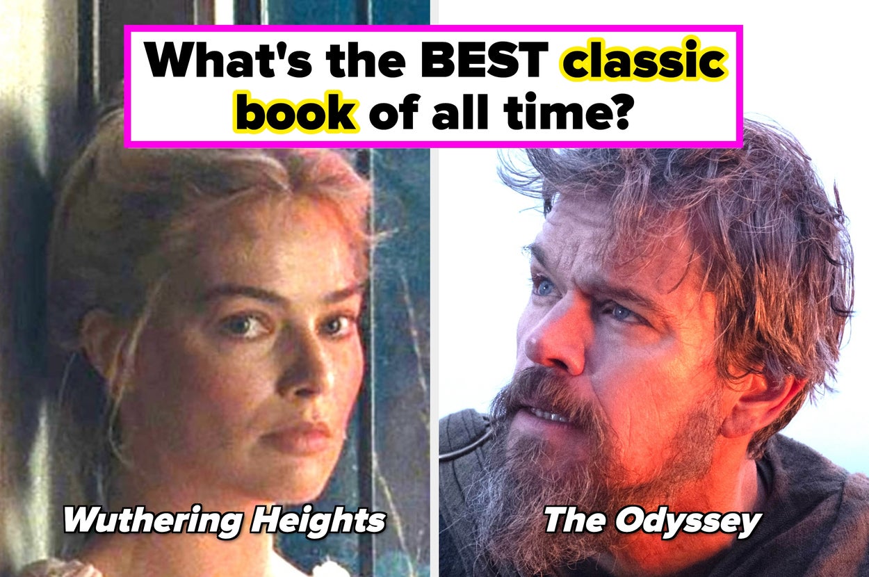 Split image comparing "Wuthering Heights" and "The Odyssey" with text: "What's the BEST classic book of all time?"