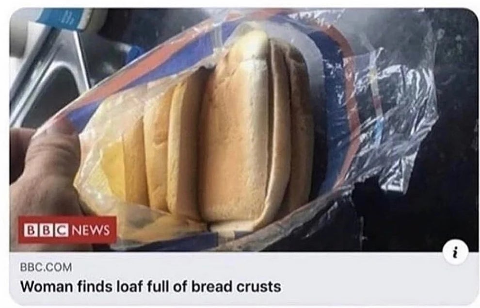 Image of a BBC News headline: "Woman finds loaf full of bread crusts," with a photo of a package containing bread crusts