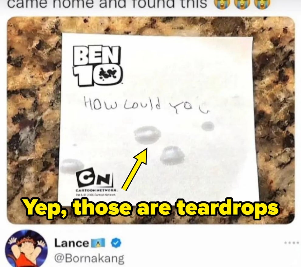 Note from a child saying "How could you" with teardrop marks, reacting to fruit snacks being eaten