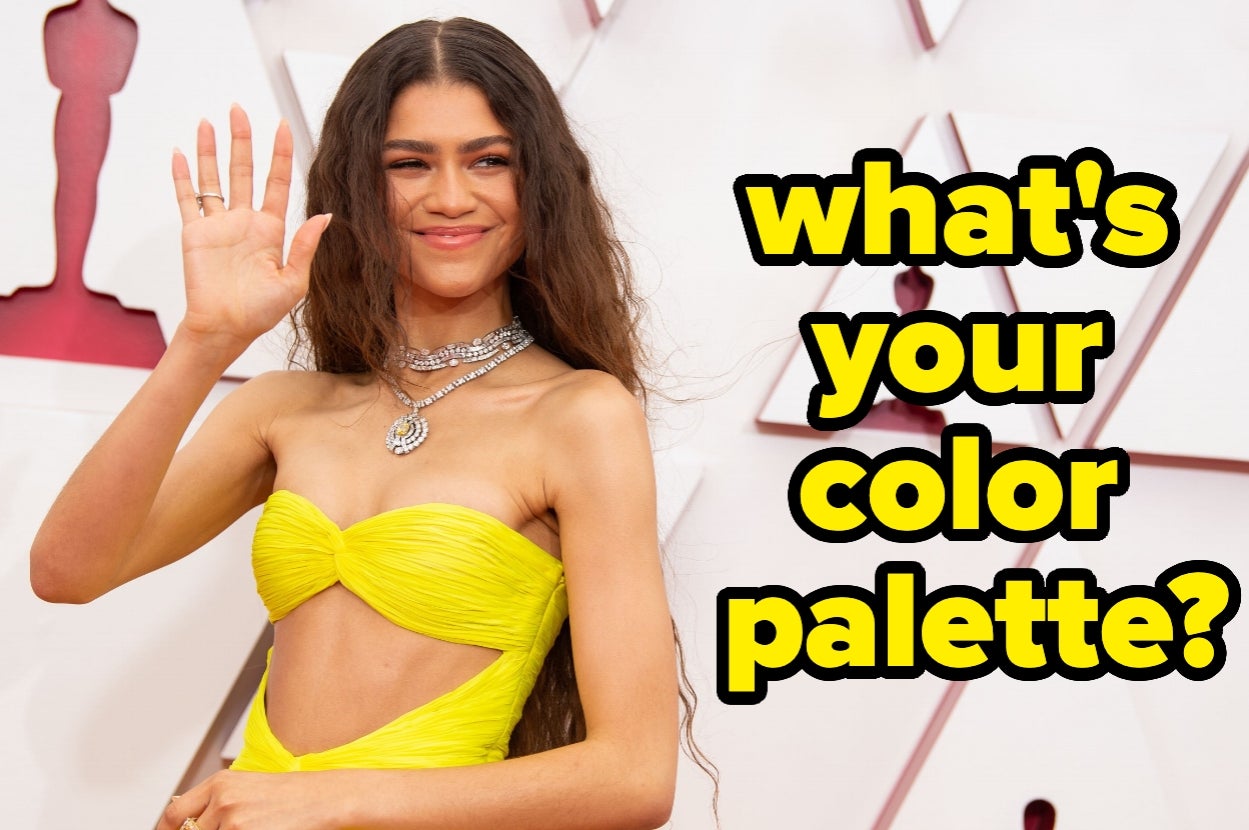 Celebrity waves on red carpet in a stylish gown. Text asks, "What's your color palette?"