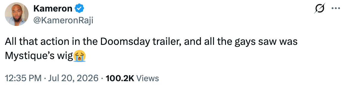 Tweet by KameronRaji: "All that action in the Doomsday trailer, and all the gays saw was Mystique’s wig" with a crying emoji