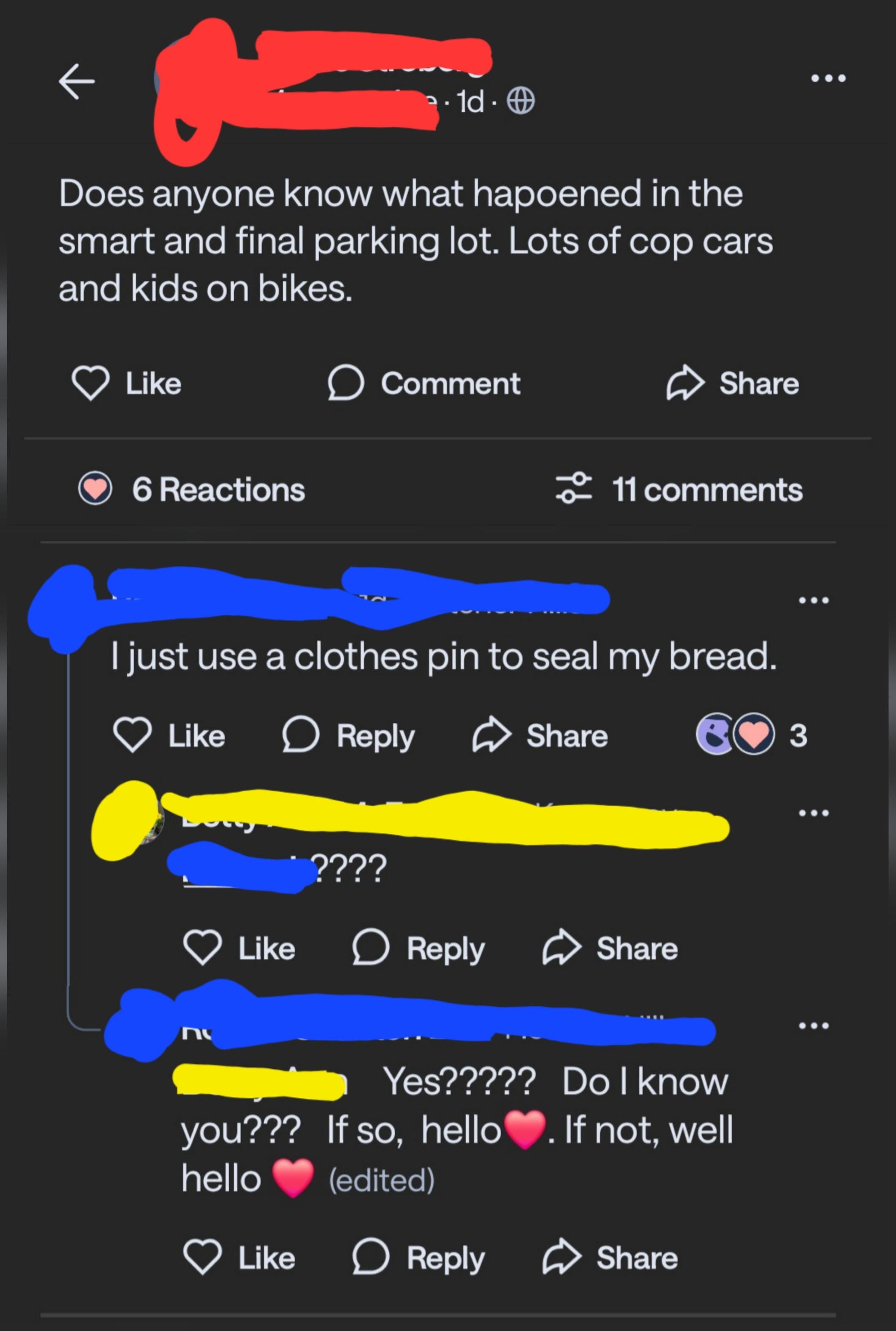Social media post discussing an event in a parking lot with cop cars and kids on bikes. Responses include unrelated conversation about sealing bread with a clothespin