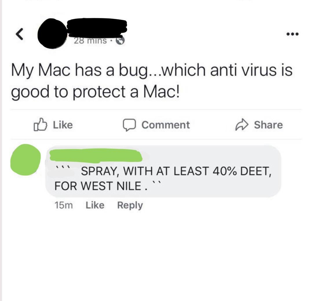 Screenshot of a social media post humorously suggesting bug spray for a Mac virus issue