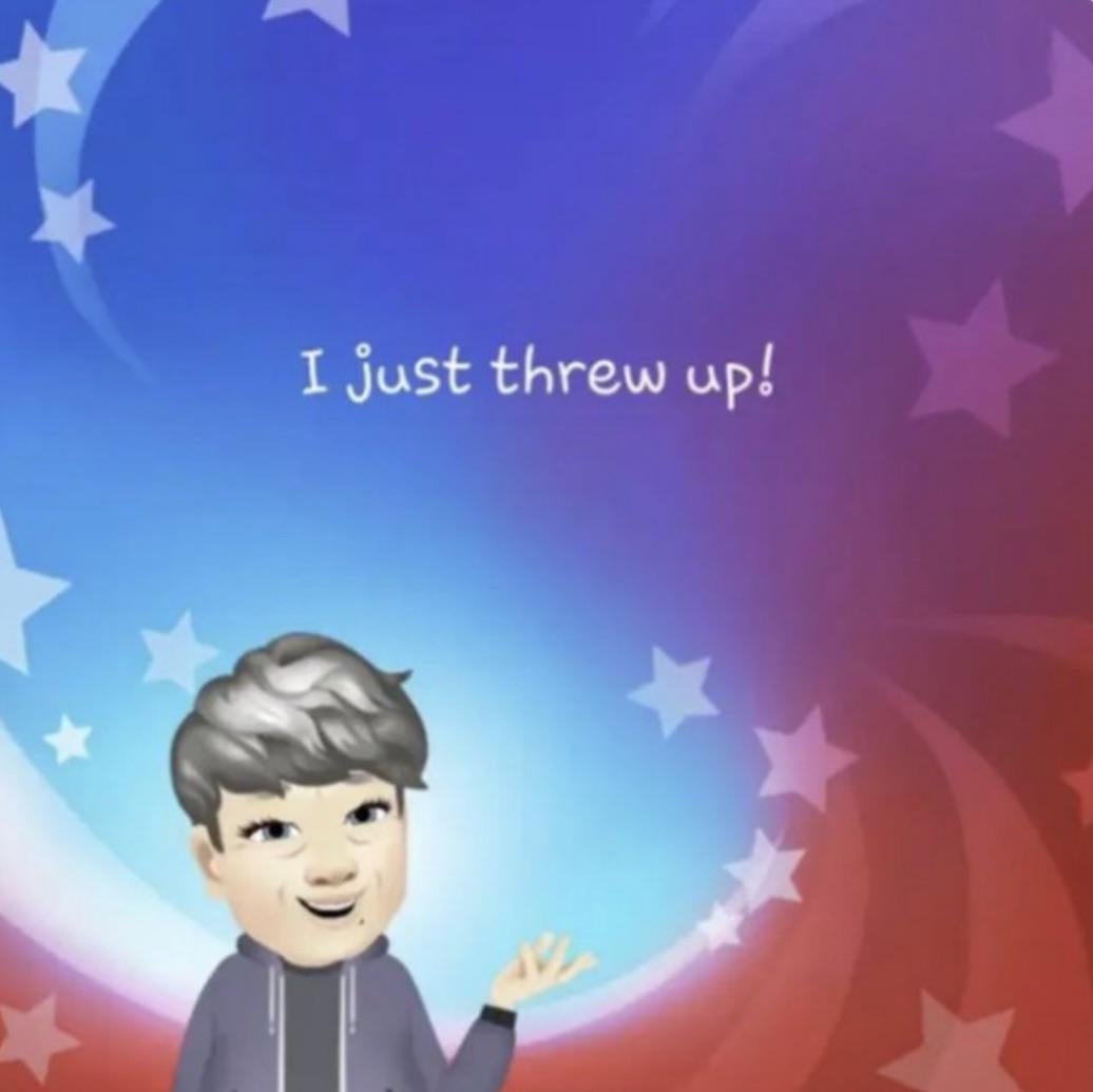 Cartoon character with short hair exclaims, "I just threw up!" with a background of stars and swirls