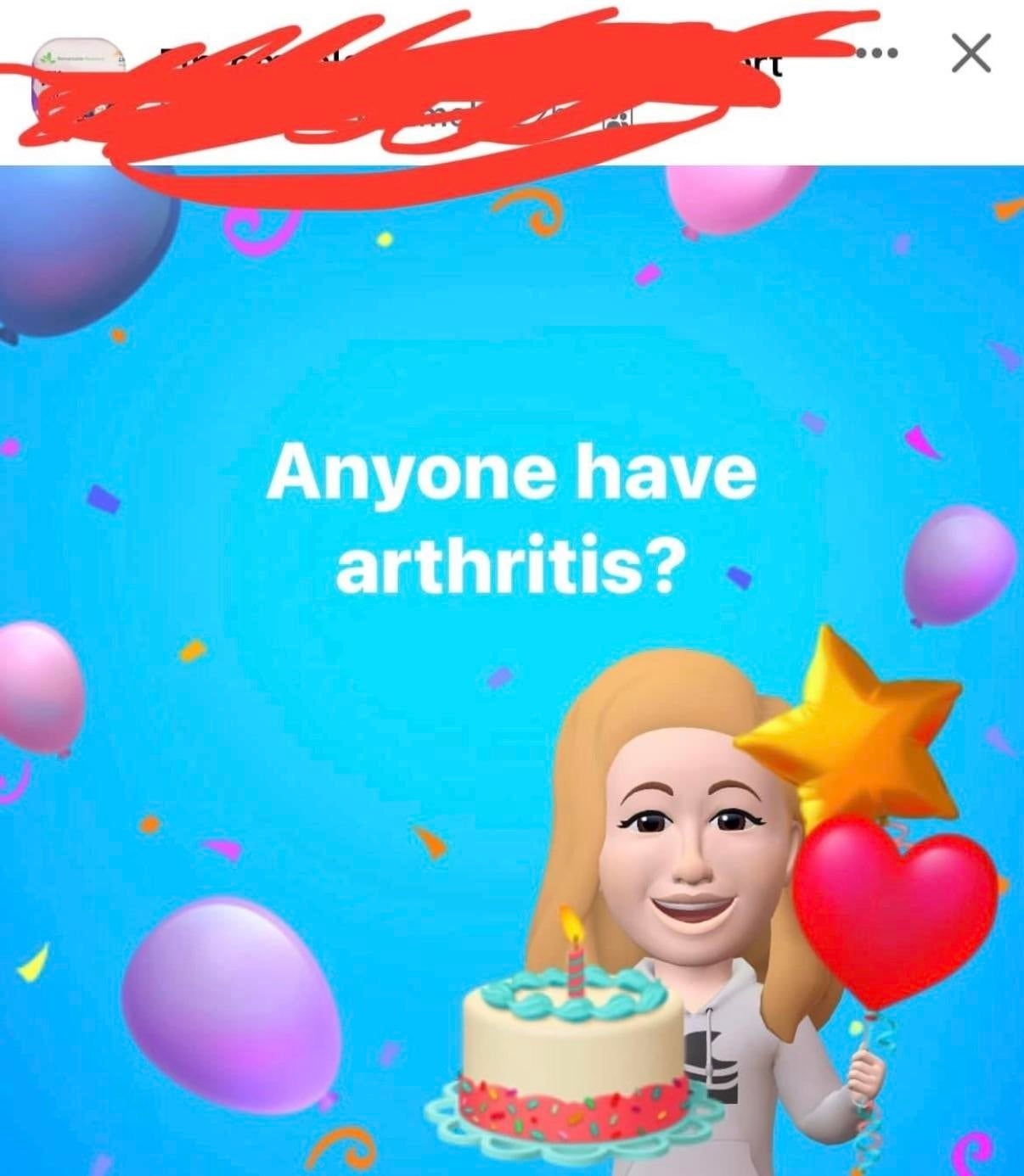 Illustration of a cartoon character holding a cake, asking, "Anyone have arthritis?" with balloons in the background