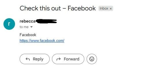 Email titled "Check this out – Facebook" with a link to Facebook and options to reply or forward the message