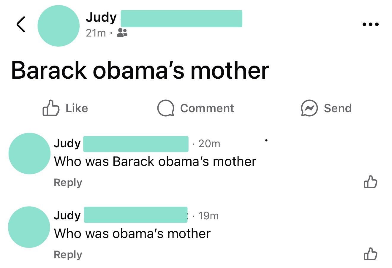 Social media post where a user repeatedly asks, "Who was Obama’s mother?"