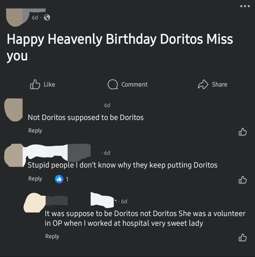 Facebook post expresses condolences for Doritos, followed by comments correcting the name to Doris, and reminiscing about Doris being a kind hospital volunteer