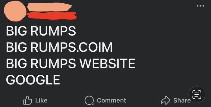 Facebook post screenshot with text: "BIG RUMPS, BIG RUMPS.COIM, BIG RUMPS WEBSITE, GOOGLE."