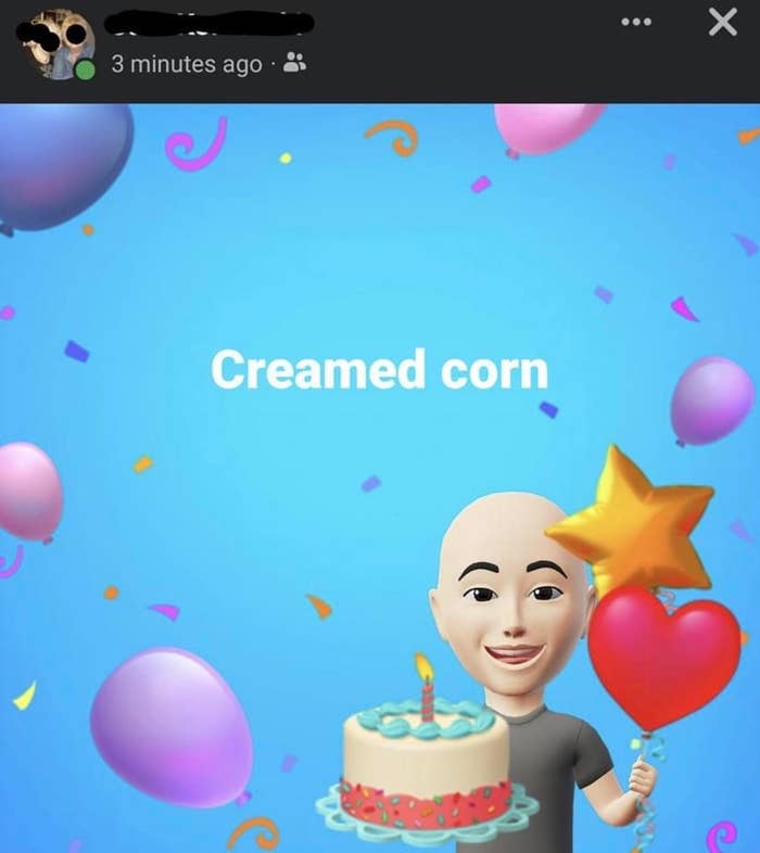 Cartoon avatar holding a star and heart balloon and a birthday cake with text "Creamed corn" amid balloons