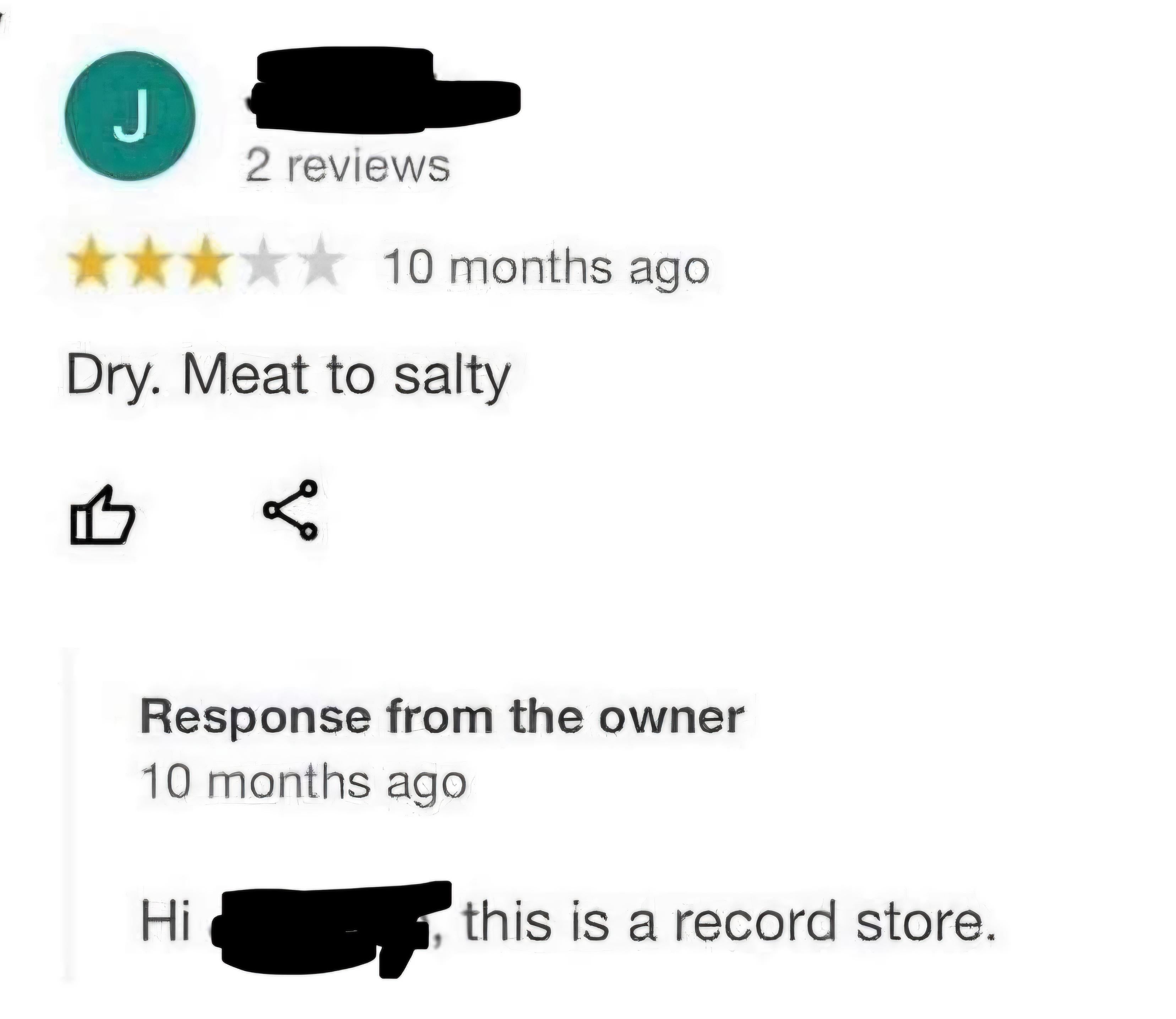 Screenshot of a review giving 2 stars, saying "Dry. Meat too salty." Owner responds humorously, noting it's a record store