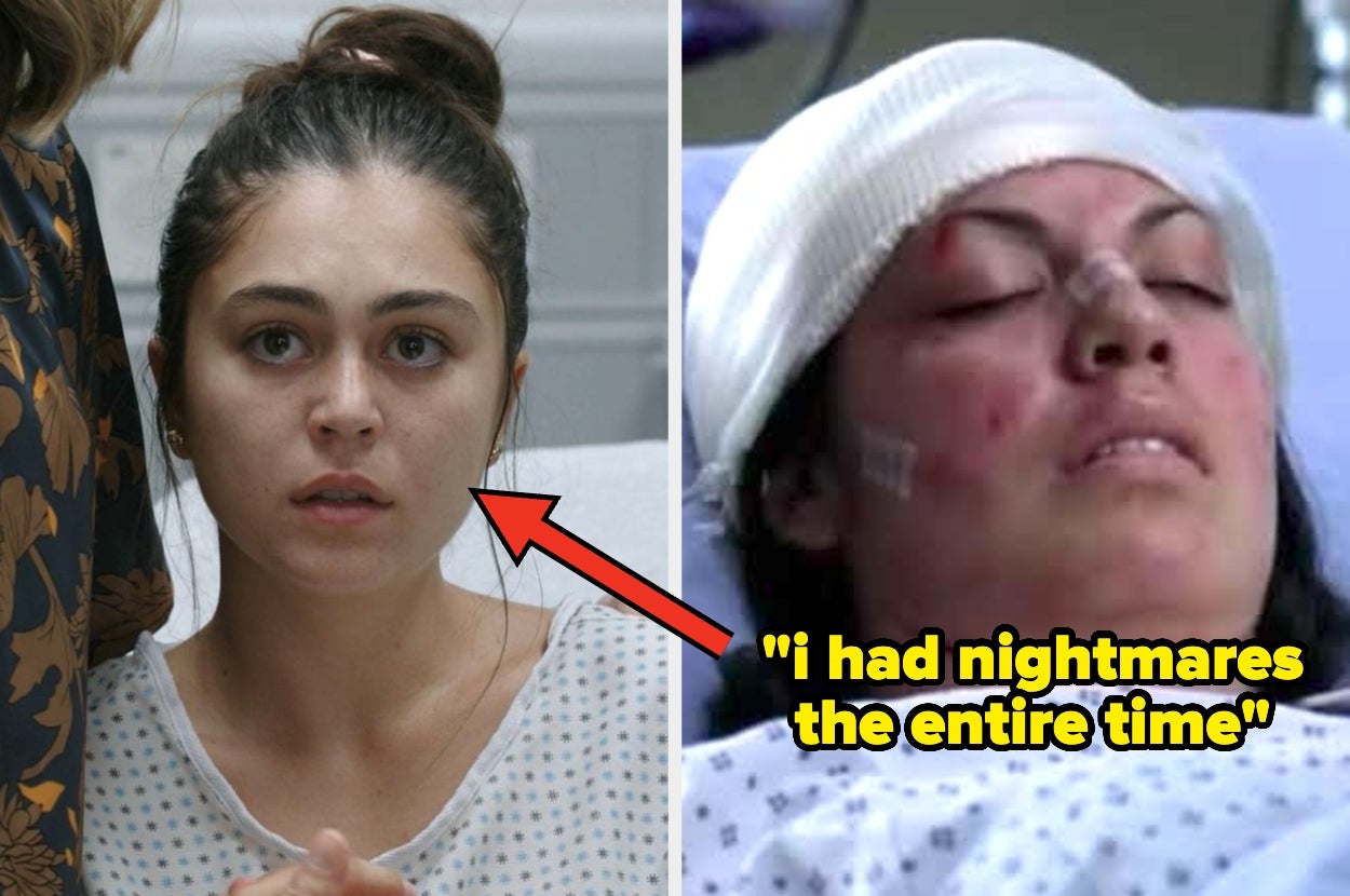 Two images show a woman in a hospital gown. One is awake, looking worried; the other has a bandaged head, eyes closed with a caption about nightmares