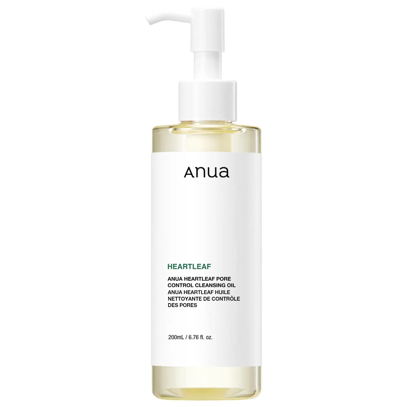 Botol pompa Minyak Pembersih Kontrol Pori Heartleaf Anua, 200ml, dengan teks label produk dalam bahasa Inggris dan Prancis