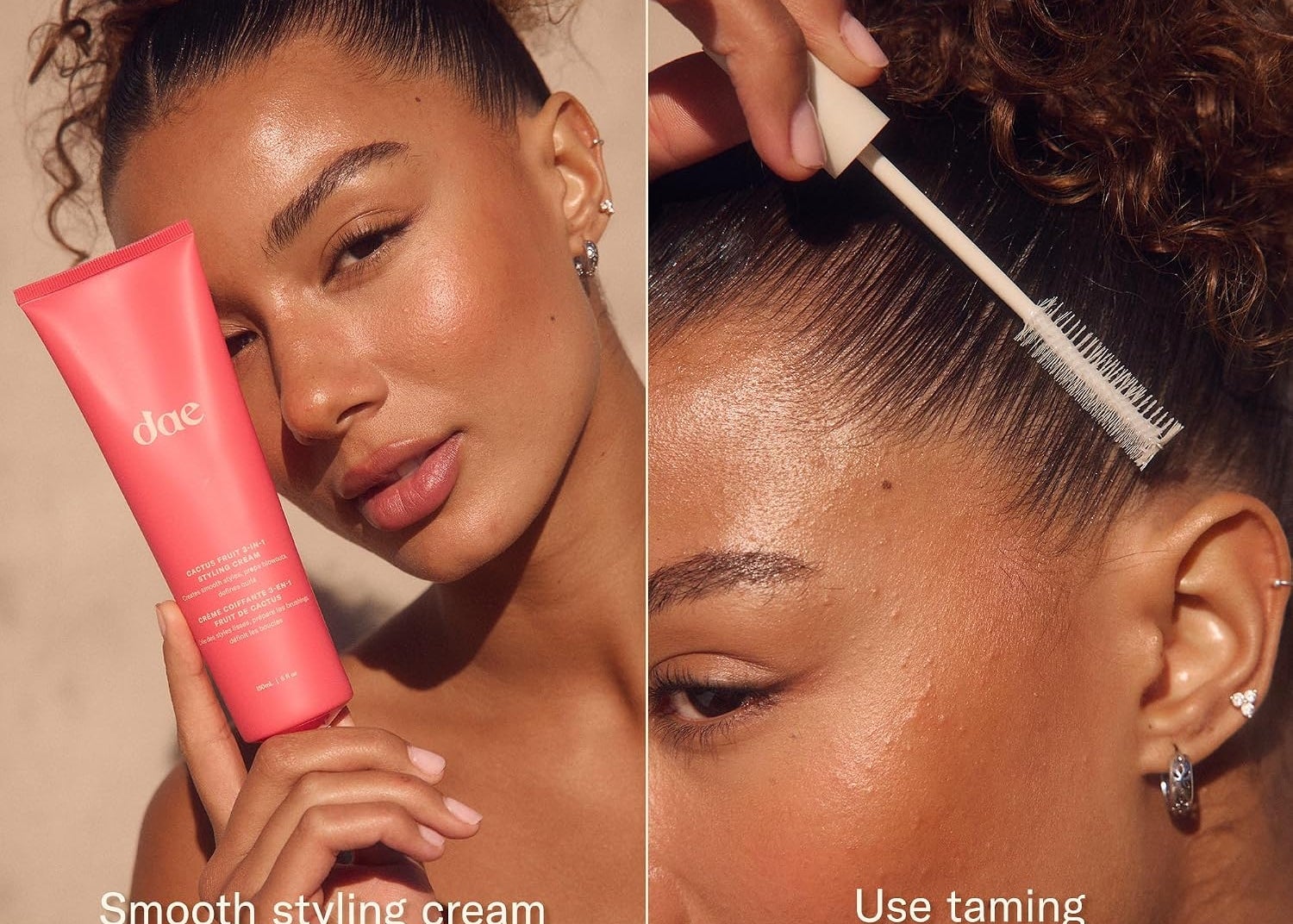 Wanita mendemonstrasikan gaya rambut slick back menggunakan krim penata rambut dan tongkat penjinak. Teks: Krim penata rambut halus untuk sanggul; gunakan tongkat untuk flyaways