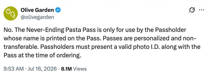 Olive Garden tweet clarifies that the Pasta Pass is non-transferable and requires a matching photograph  ID astatine  ordering
