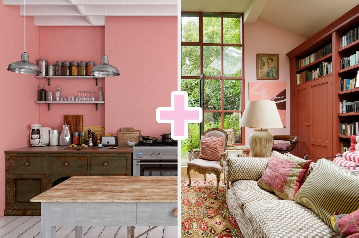 Split image: Left shows a rustic kitchen with shelves and appliances. Right shows a cozy living room with bookshelves, sofas, and decorative items