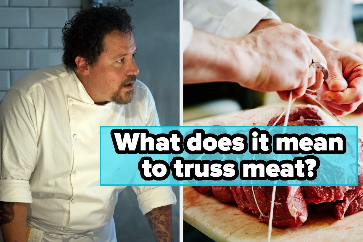 Chef in a white coat on the left; hands trussing meat on the right. Text: "What does it mean to truss meat?"
