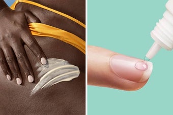 Person applying fast-absorbing body cream on thigh, hand with manicured nails visible, wearing yellow swimwear