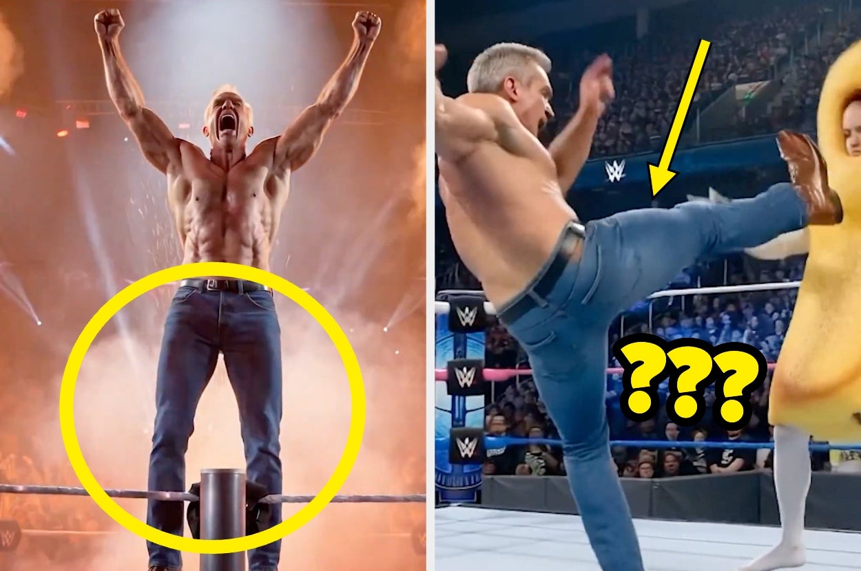 A man in jeans celebrates on a wrestling ring post; another image shows him kicking a costumed character in the ring