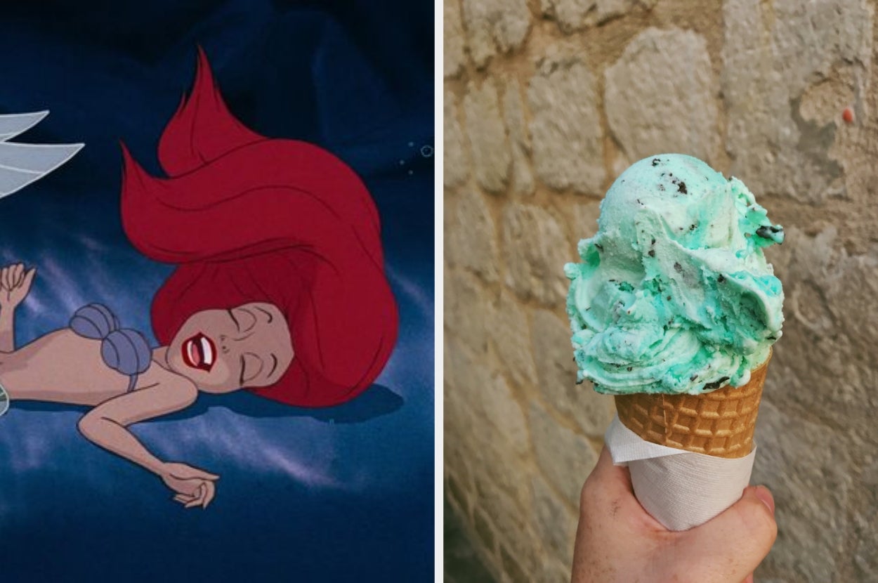 Animated mermaid sleeping on the left; hand holding mint chocolate chip ice cream cone against a stone wall on the right