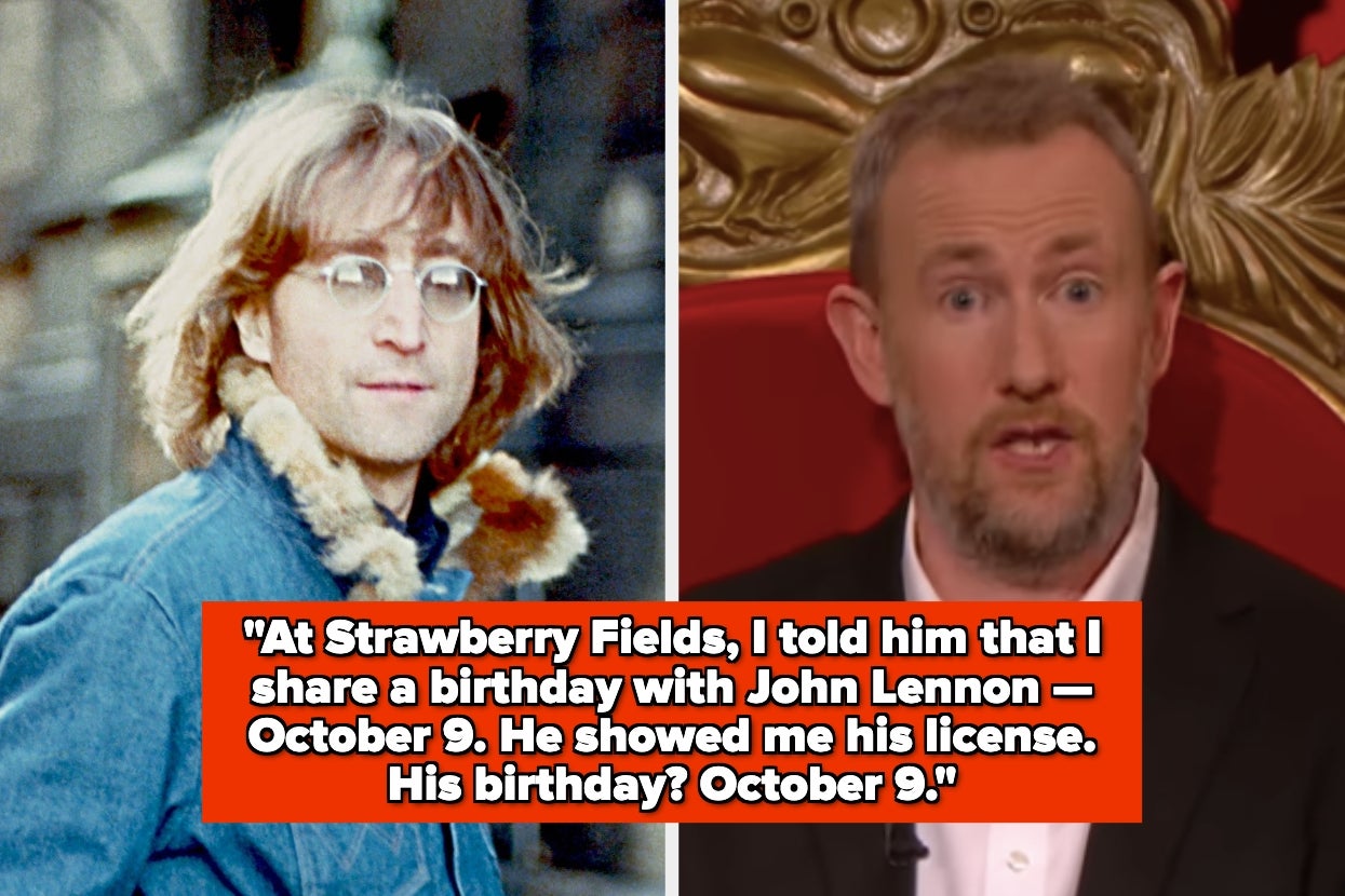 Split image: Left, a person with glasses and a coat. Right, a person speaking. Bottom text: sharing a birthday story about October 9 with John Lennon