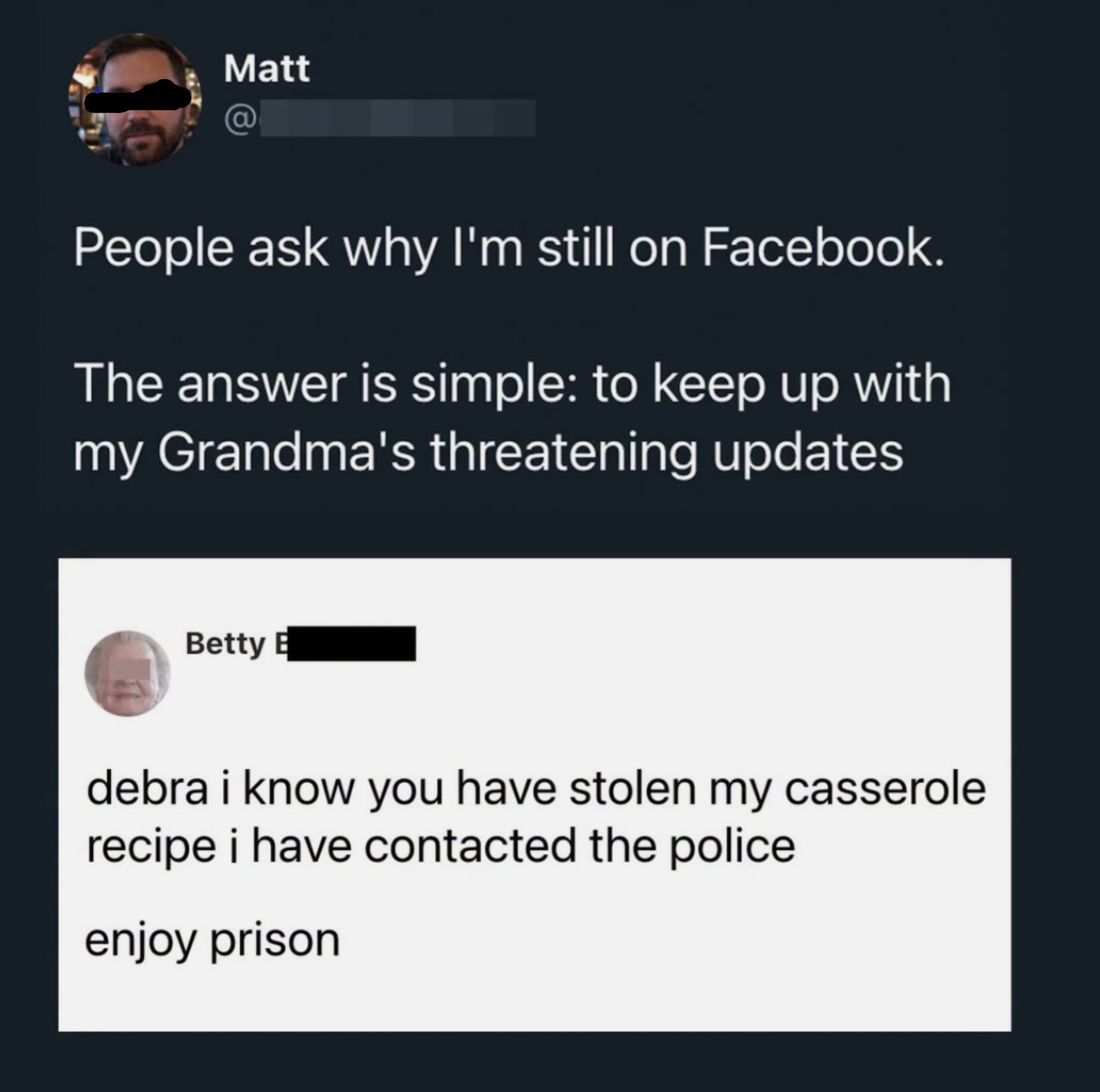 Social media post: User stays on Facebook to follow Grandma's amusing, often dramatic updates