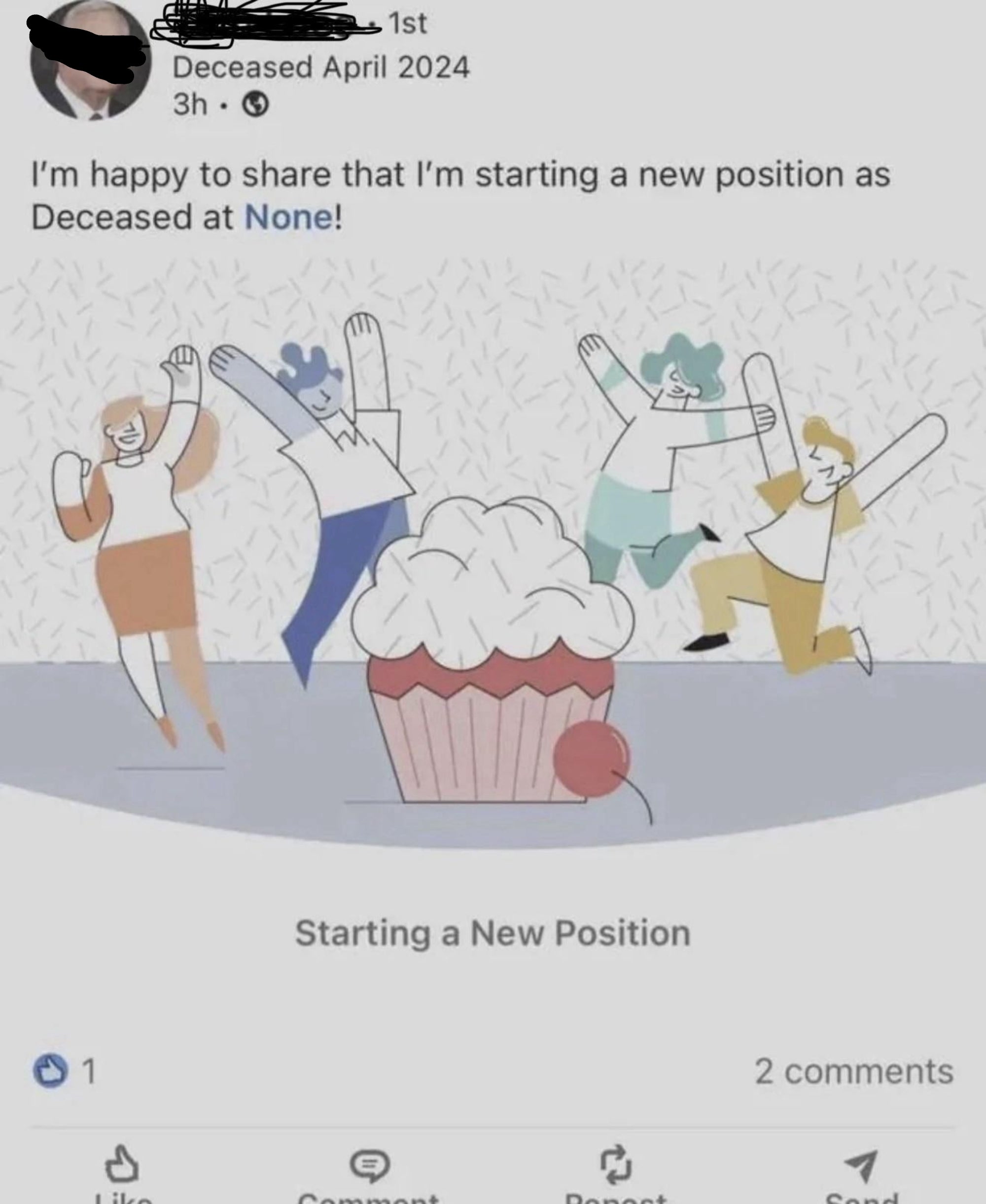 Social media post mistakenly shows "Deceased" and "None" for a new job announcement. Illustrations of people celebrating around a cupcake