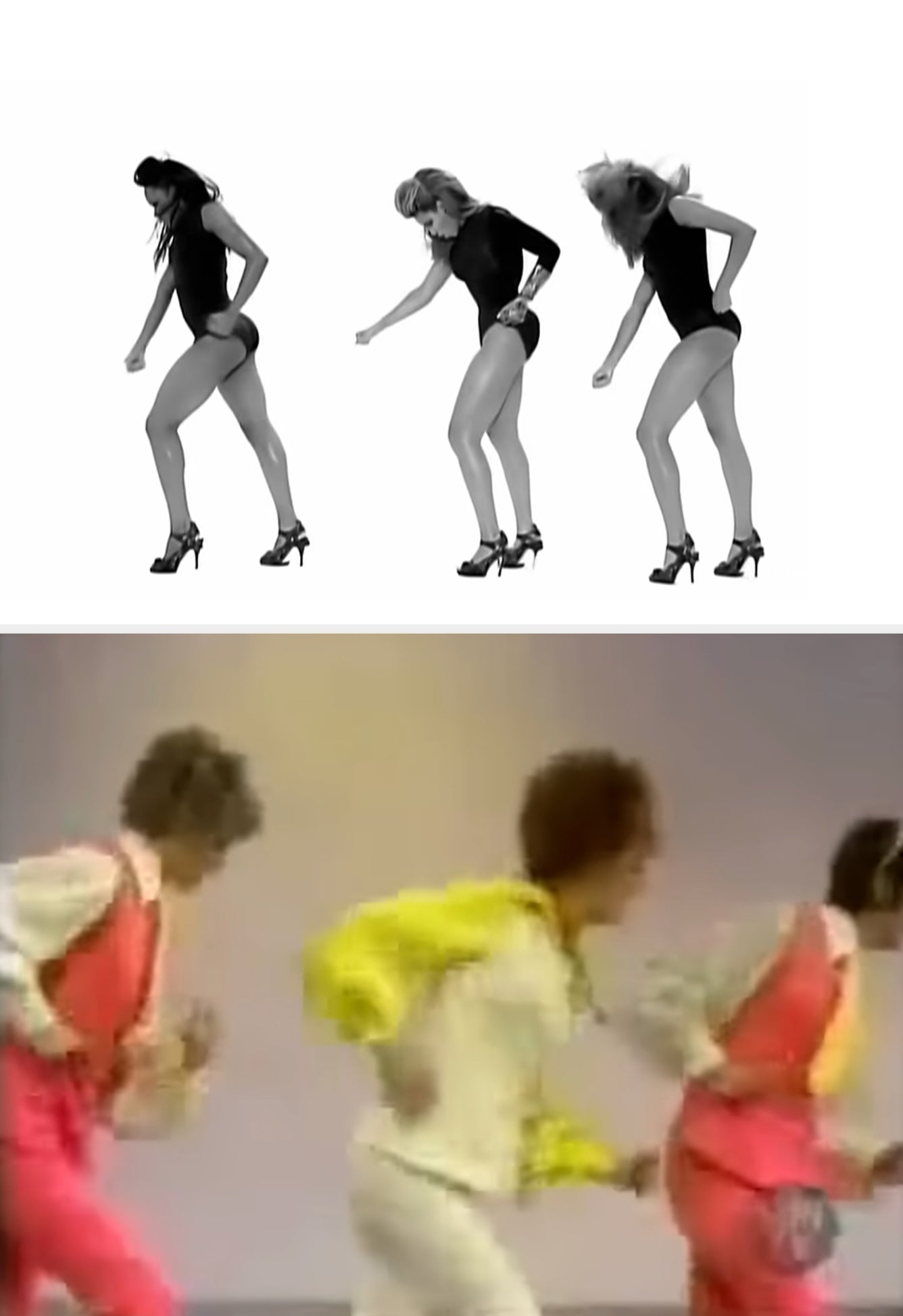 Beyoncé in her "Single Ladies" music video; Gwen Verdon on "The Ed Sullivan Show"