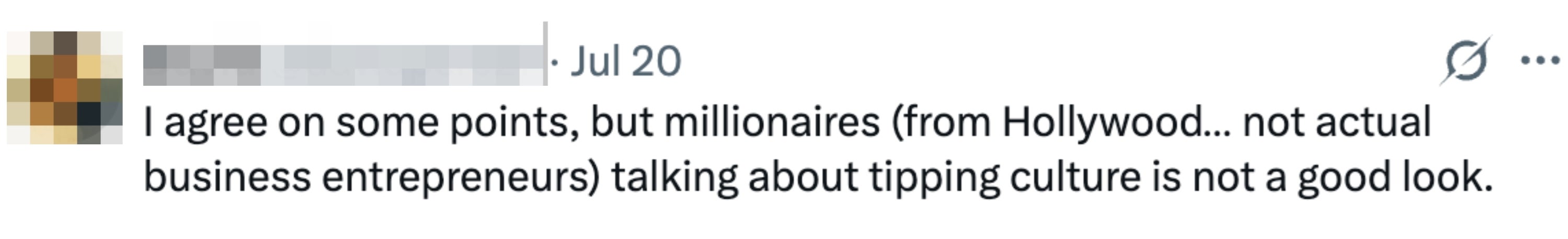 Tweet criticizing Hollywood millionaires discussing tipping culture