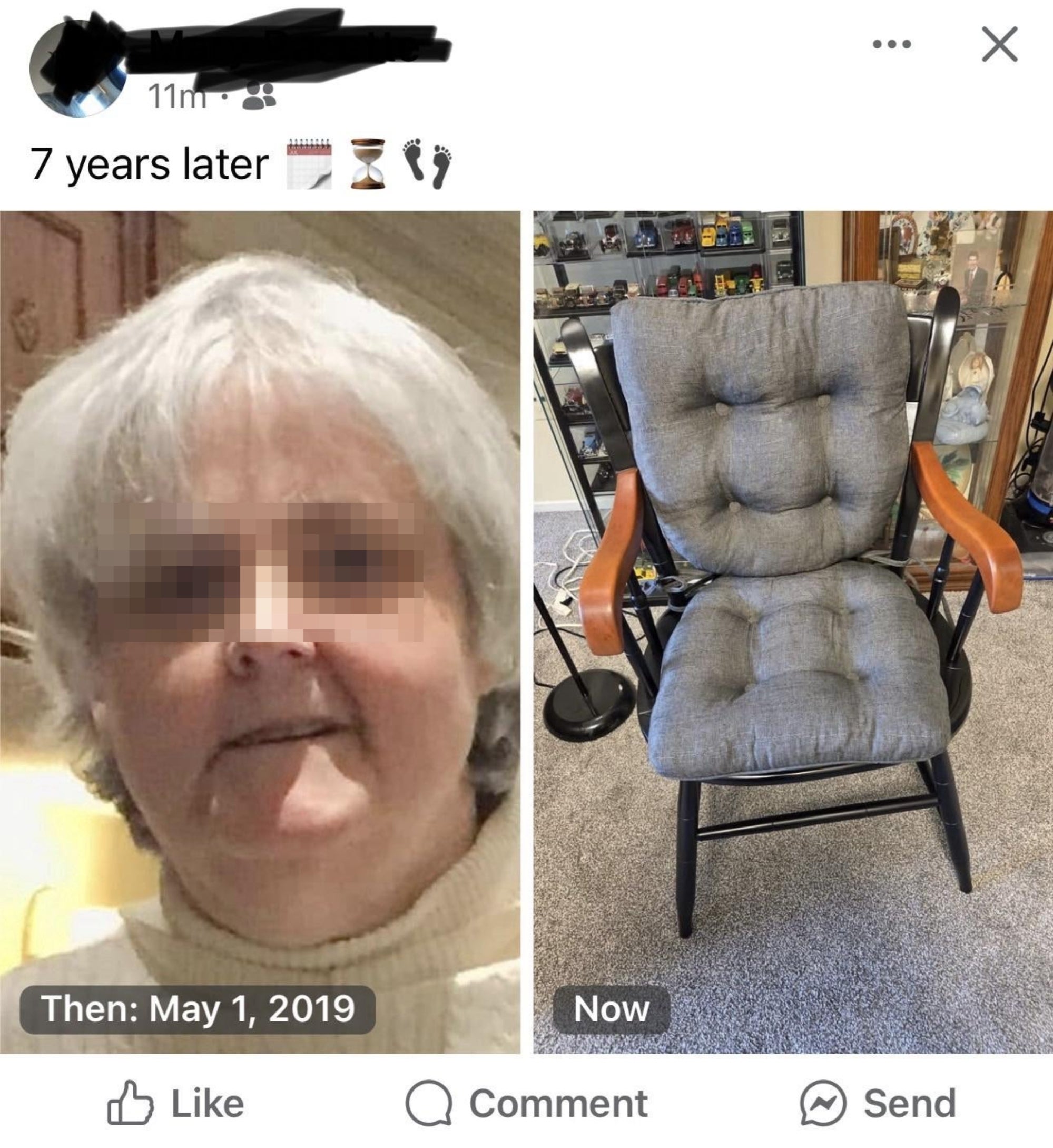 Split image comparing a person from 2019 to an empty chair in 2023, indicating a passage of time