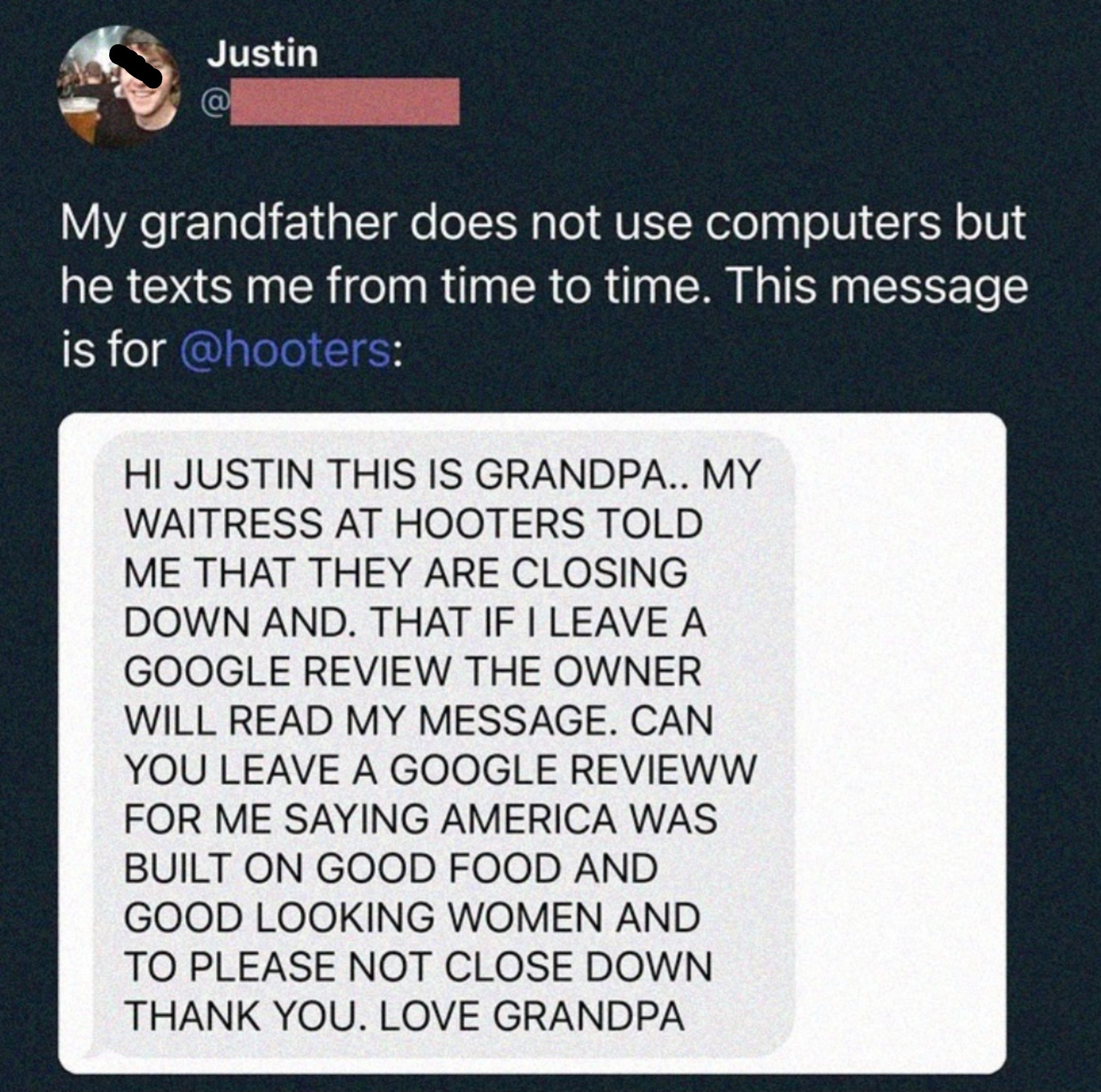 Screenshot of a Twitter post where a grandfather humorously asks for a review to save a Hooters restaurant from closing