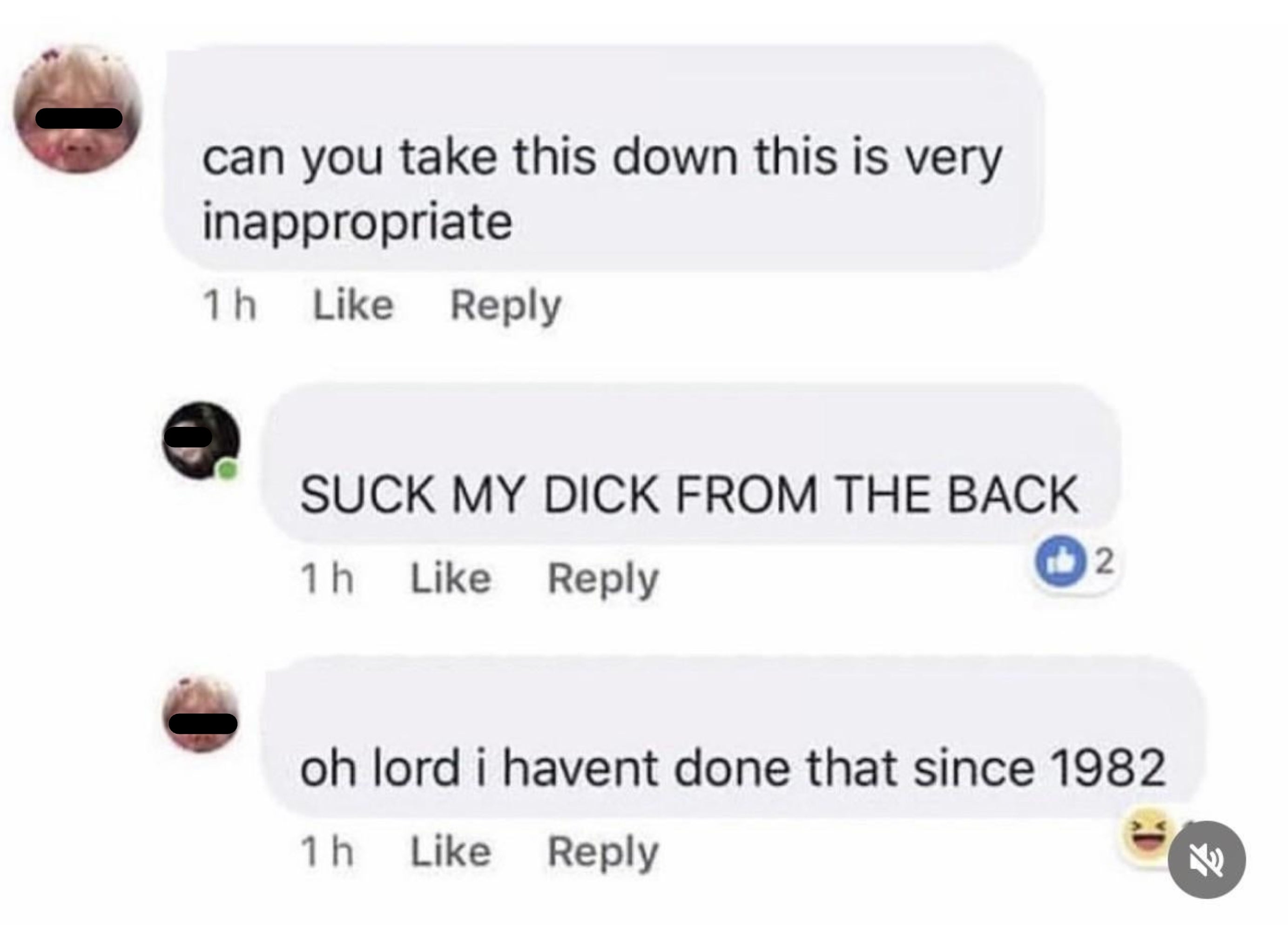 Social media comment thread with humorous and inappropriate replies