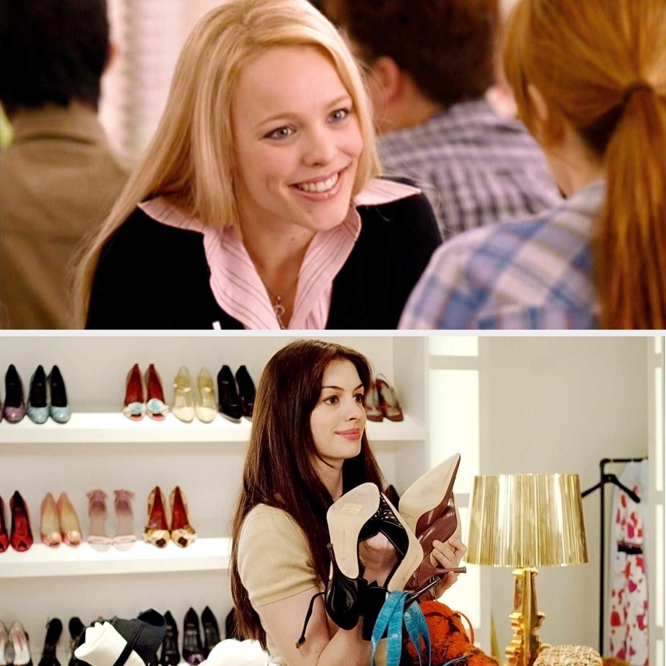  top shows a smiling woman at a table; bottom shows a woman holding shoes in a store with shelves of shoes behind her