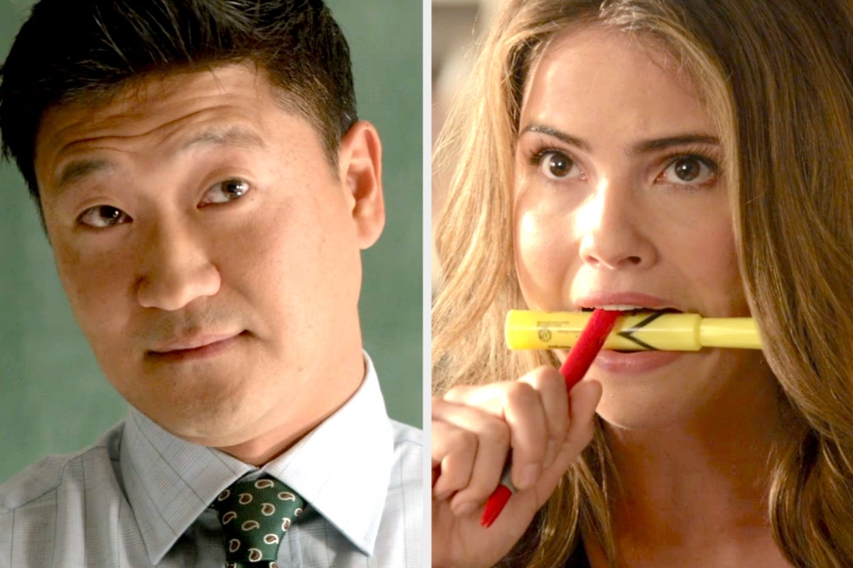 A man in a suit and tie looks left. A woman holds a red pen and a yellow highlighter in her mouth, appearing thoughtful