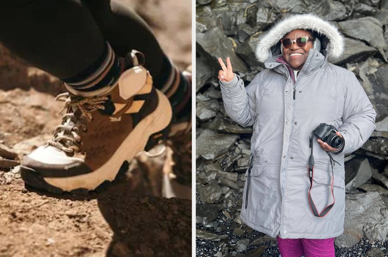 Person in warm coat and boots poses with peace sign, holding a camera; another image shows close-up of hiking boots on rocky terrain
