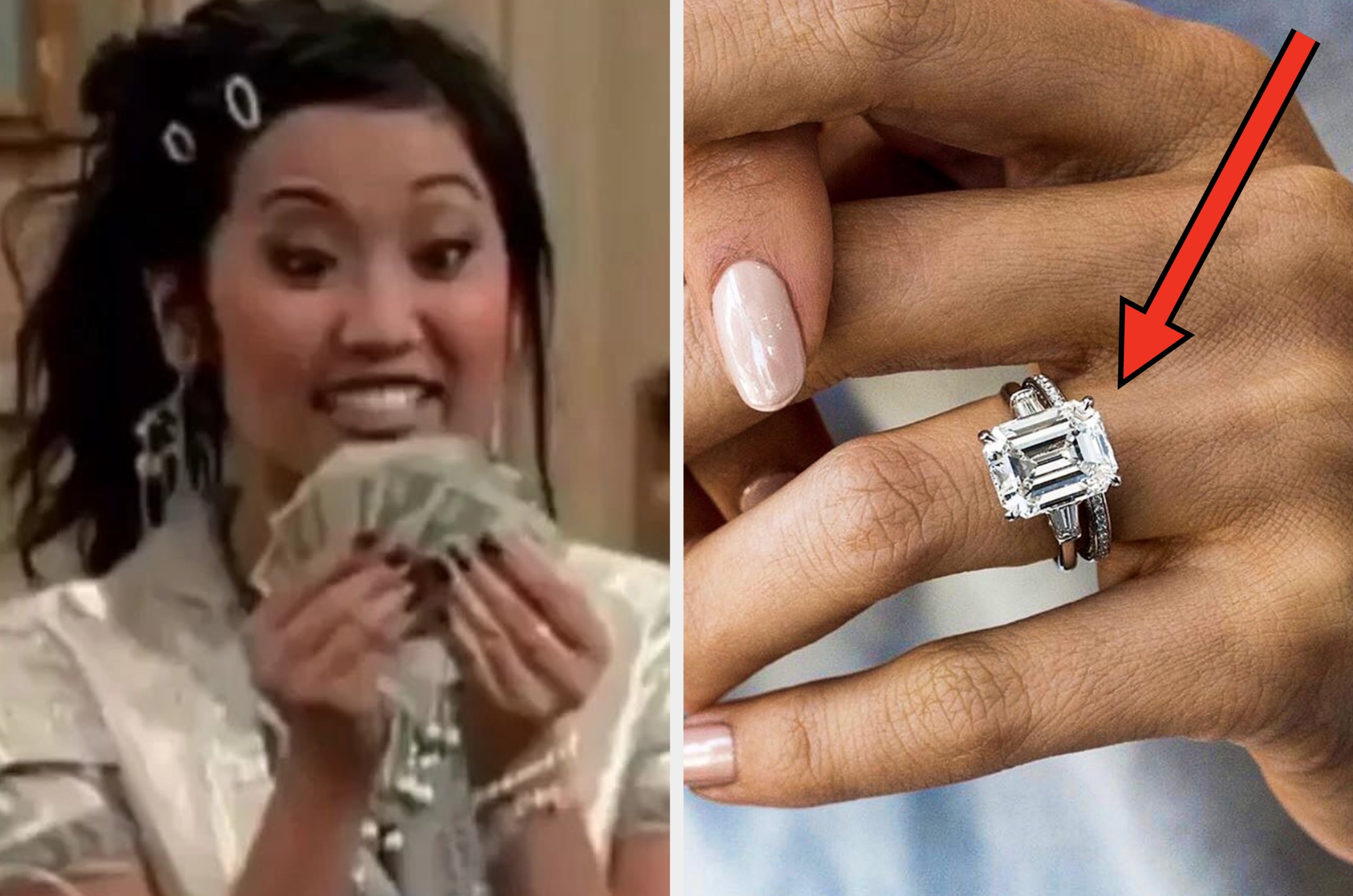 Person excitedly holding cash; beside, a close-up of a hand showing an emerald-cut diamond ring
