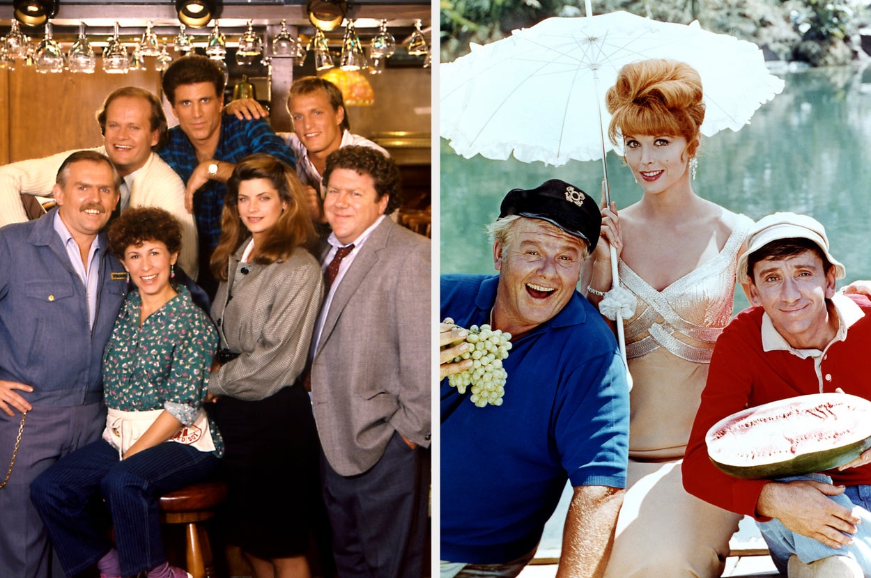 Left: Cast of a bar-themed TV show, with a group of seven actors posing indoors. Right: Actors from a comedy show, outdoors with lake and pies