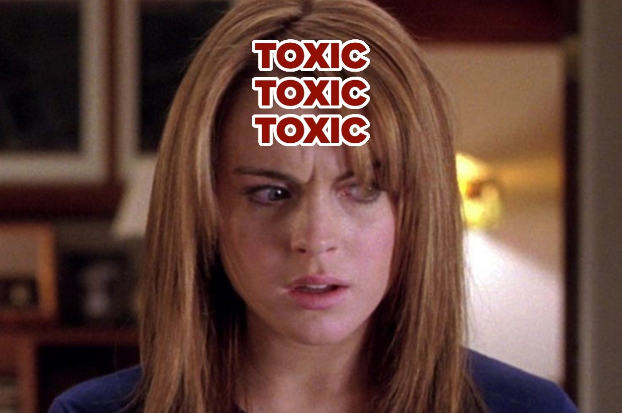 A person with long hair looks perplexed, with the word "TOXIC" repeated three times above their head