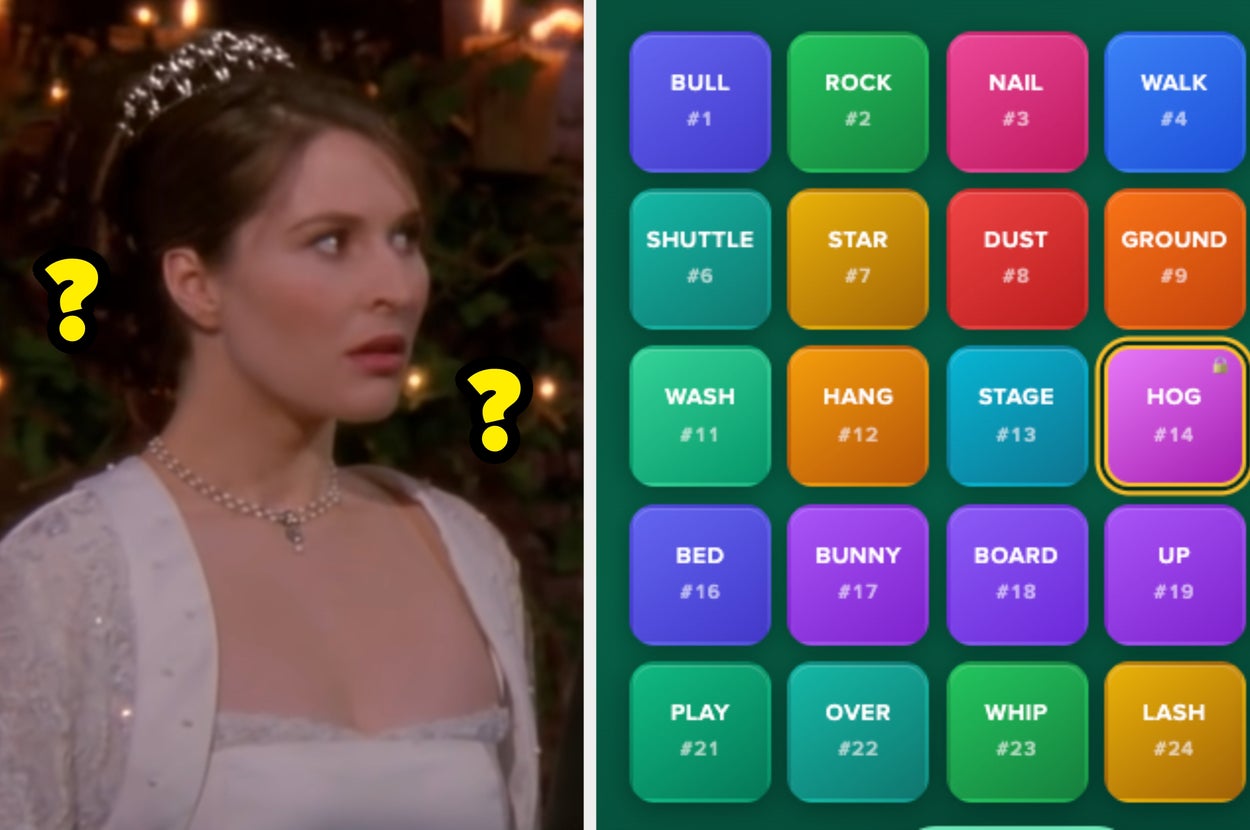 A grid-based word game screen with various words and numbered clues, including "BELL," "KICK," and "MAN." Some words are highlighted