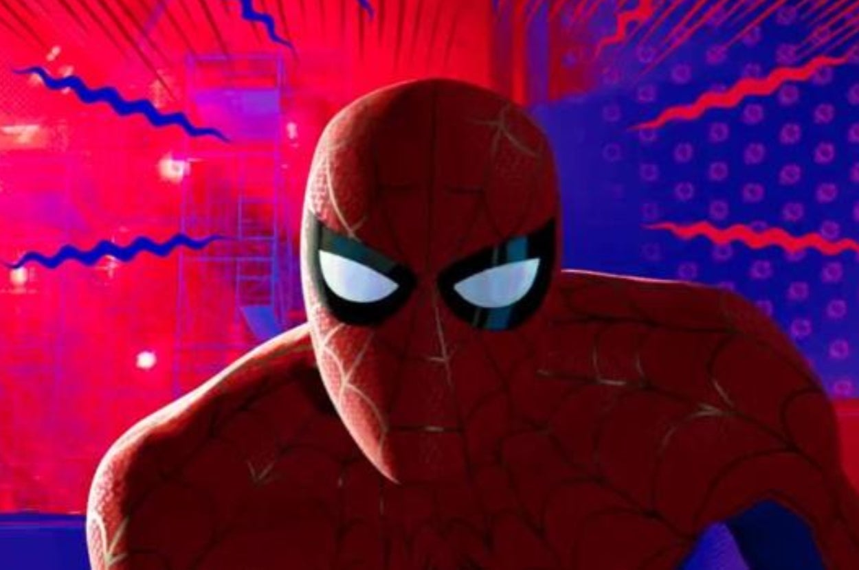 Animated Spider-Man with web-slinging action in front of vibrant, comic-style background