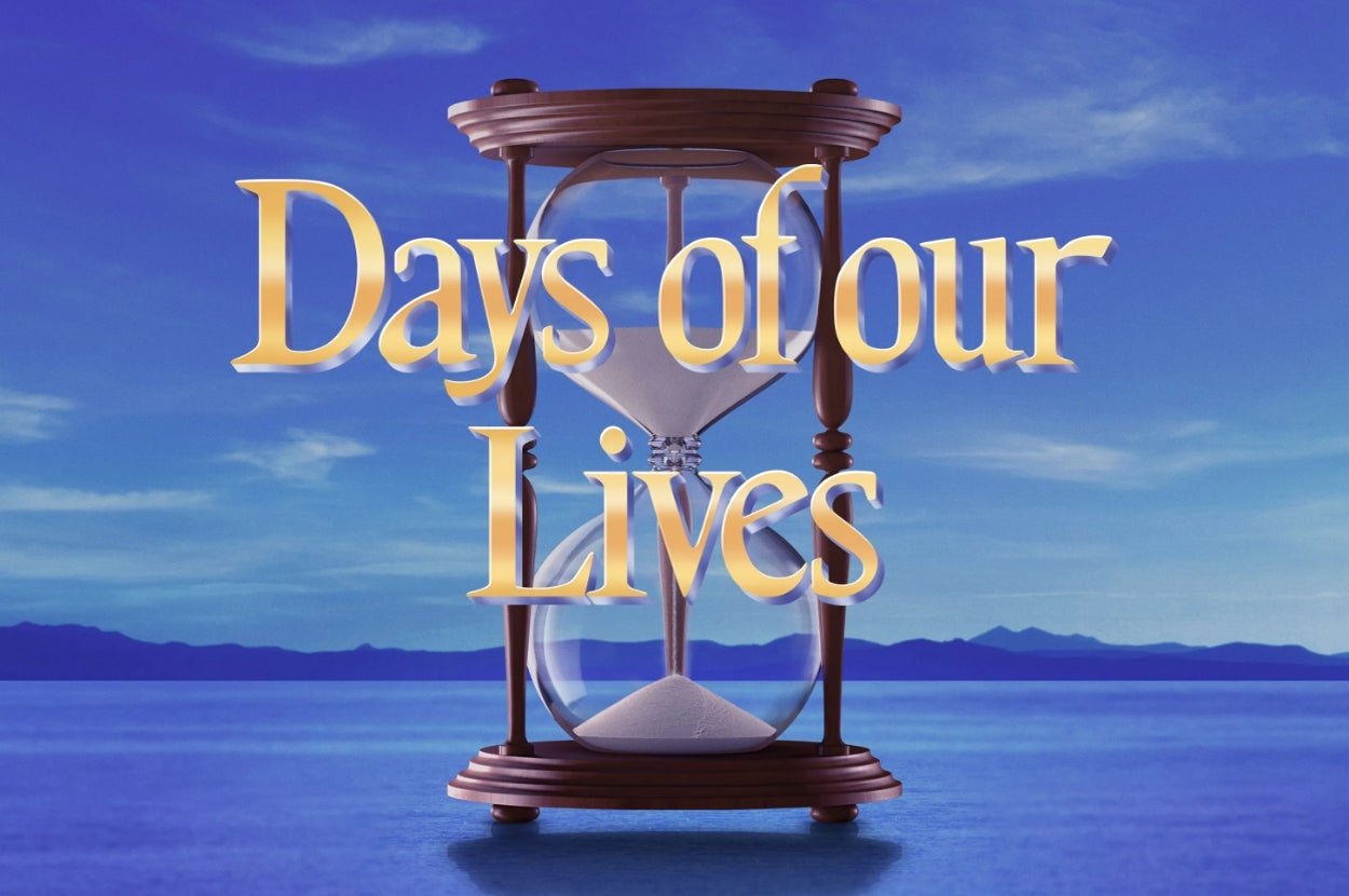 Text reading "Days of our Lives" over an hourglass, set against a blue sky and distant mountains