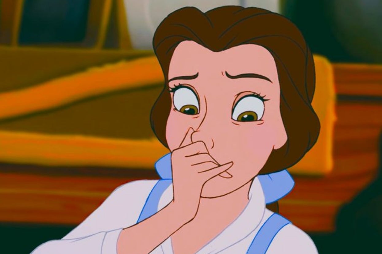 Animated character Belle from "Beauty and the Beast" looks surprised, with one hand covering her mouth