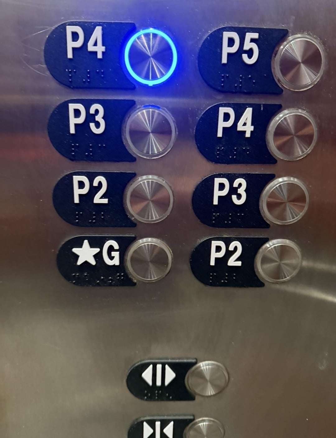 Elevator panel with duplicate floor buttons: P4, P3, P2, P5, and star for ground. P4 is selected with a light