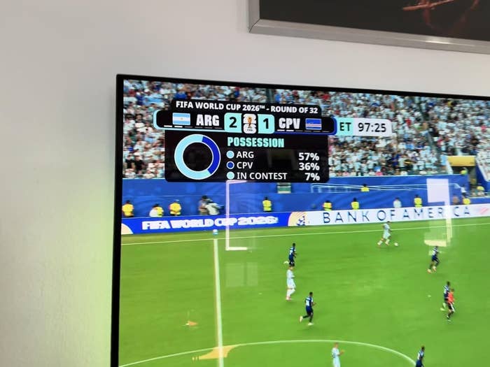 TV showing a FIFA World Cup match, Argentina vs. Cape Verde. Score: ARG 2, CPV 1. Possession stats: ARG 57%, CPV 36%, In Contest 7%
