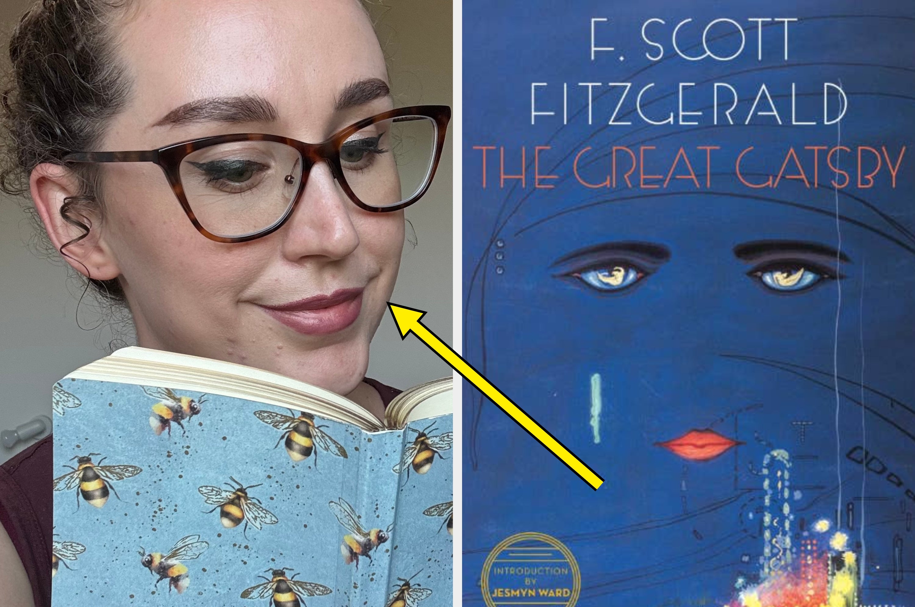 Woman smiling next to a cover of "The Great Gatsby" by F. Scott Fitzgerald