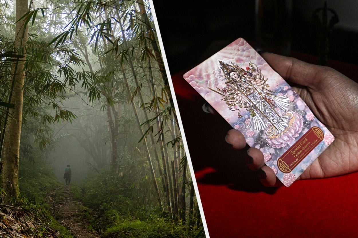 A person walks through a misty bamboo forest; a hand holds a card depicting a detailed illustration of a goddess