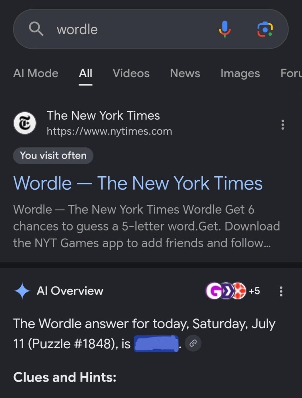 Google search results for "Wordle," showing links and daily puzzle update with answer partially obscured