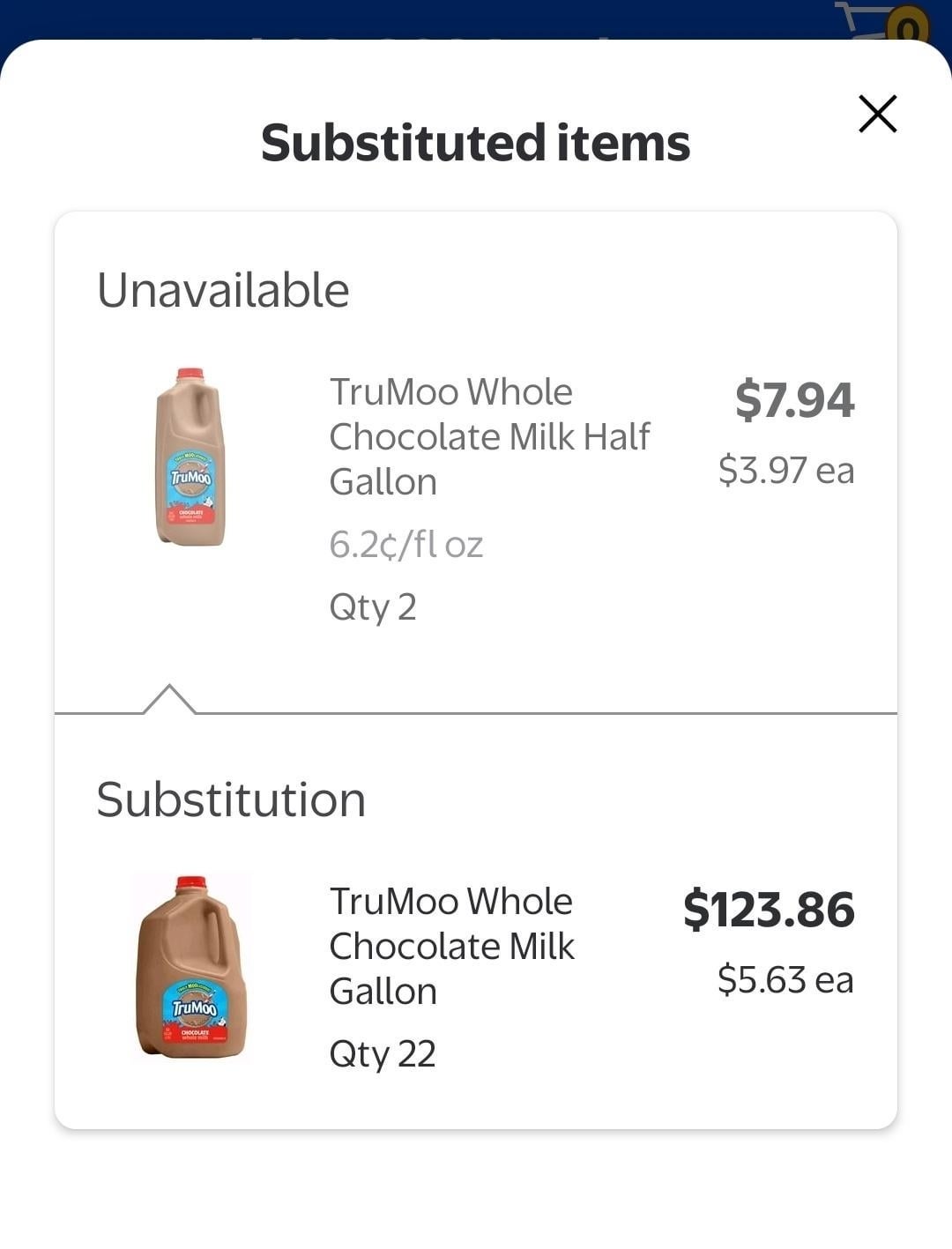 Substitution of TruMoo Whole Chocolate Milk Half Gallon with a larger quantity, increasing total cost significantly from $7.94 to $123.86