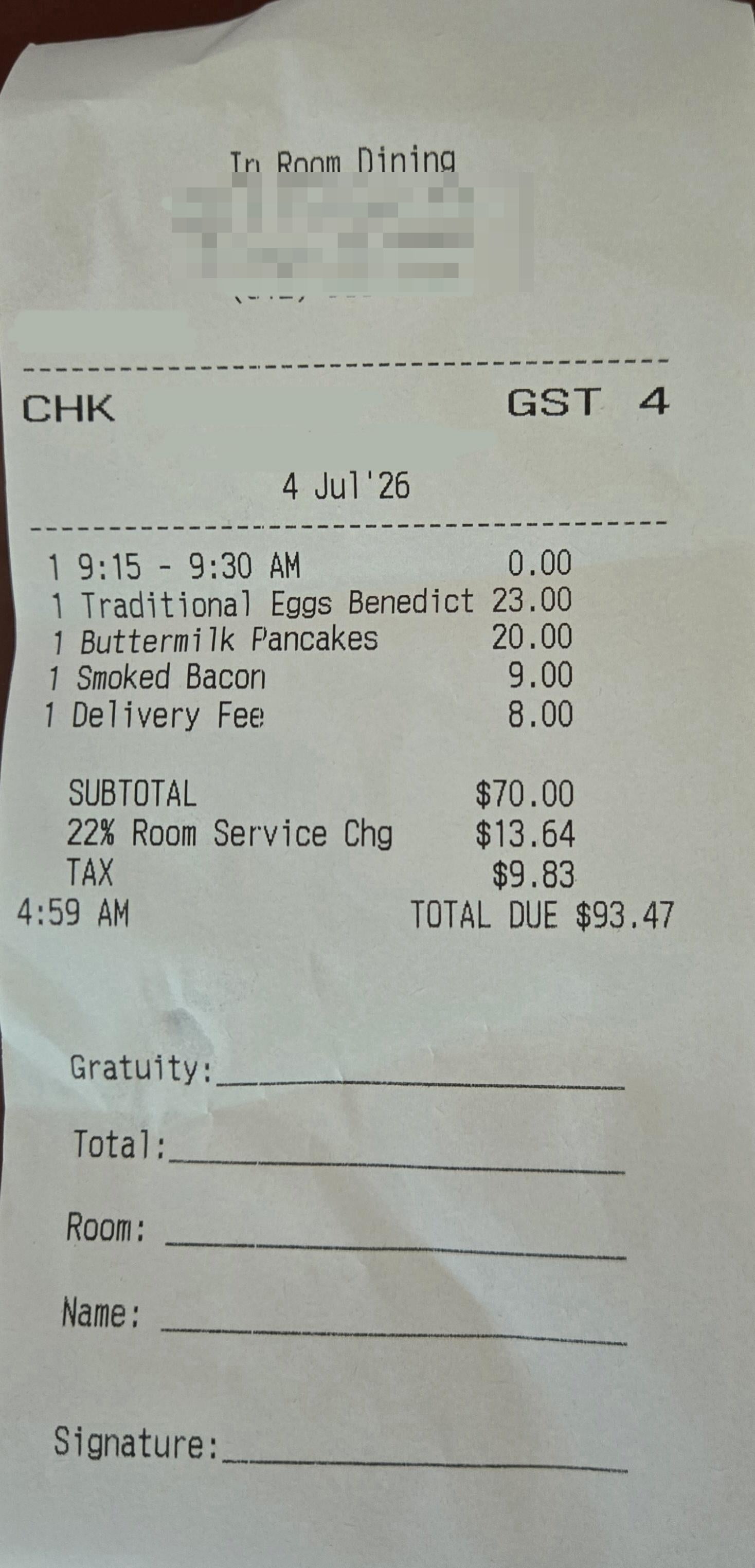 Receipt for in-room dining on July 4, totaling $93.47, includes Eggs Benedict, pancakes, bacon, and service charge