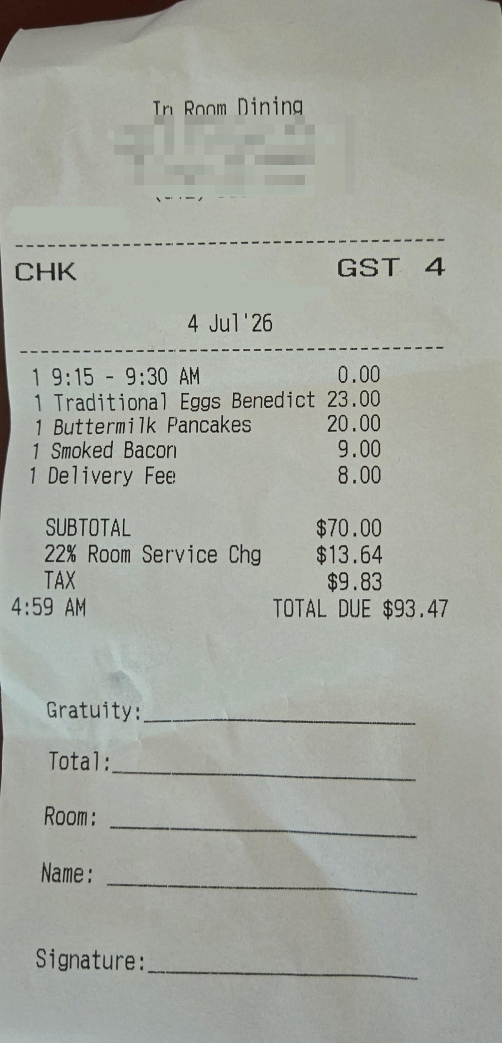Receipt for in-room dining on July 4, totaling $93.47, includes Eggs Benedict, pancakes, bacon, and service charge
